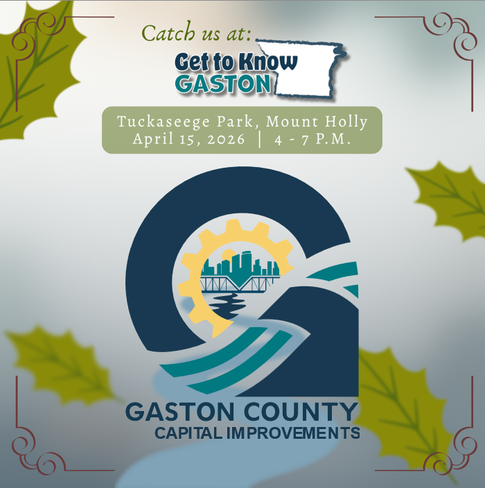 A promotional flyer for the Get to Know Gaston event being held on April 15, 2026 from 4-7 pm at Tuckaseege Park in Mount Holly.